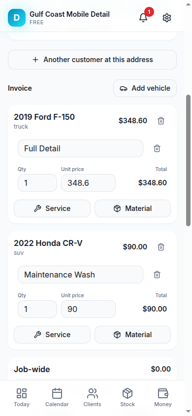 The same job's invoice, scrolled to the line items, on a phone